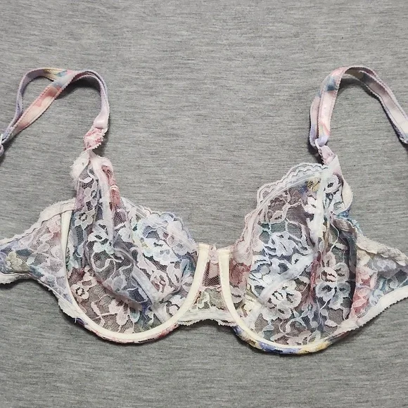 Vintage Watercolor Rainbow Sheer Floral Lace Lingerie Unlined Wired Bra Bralette